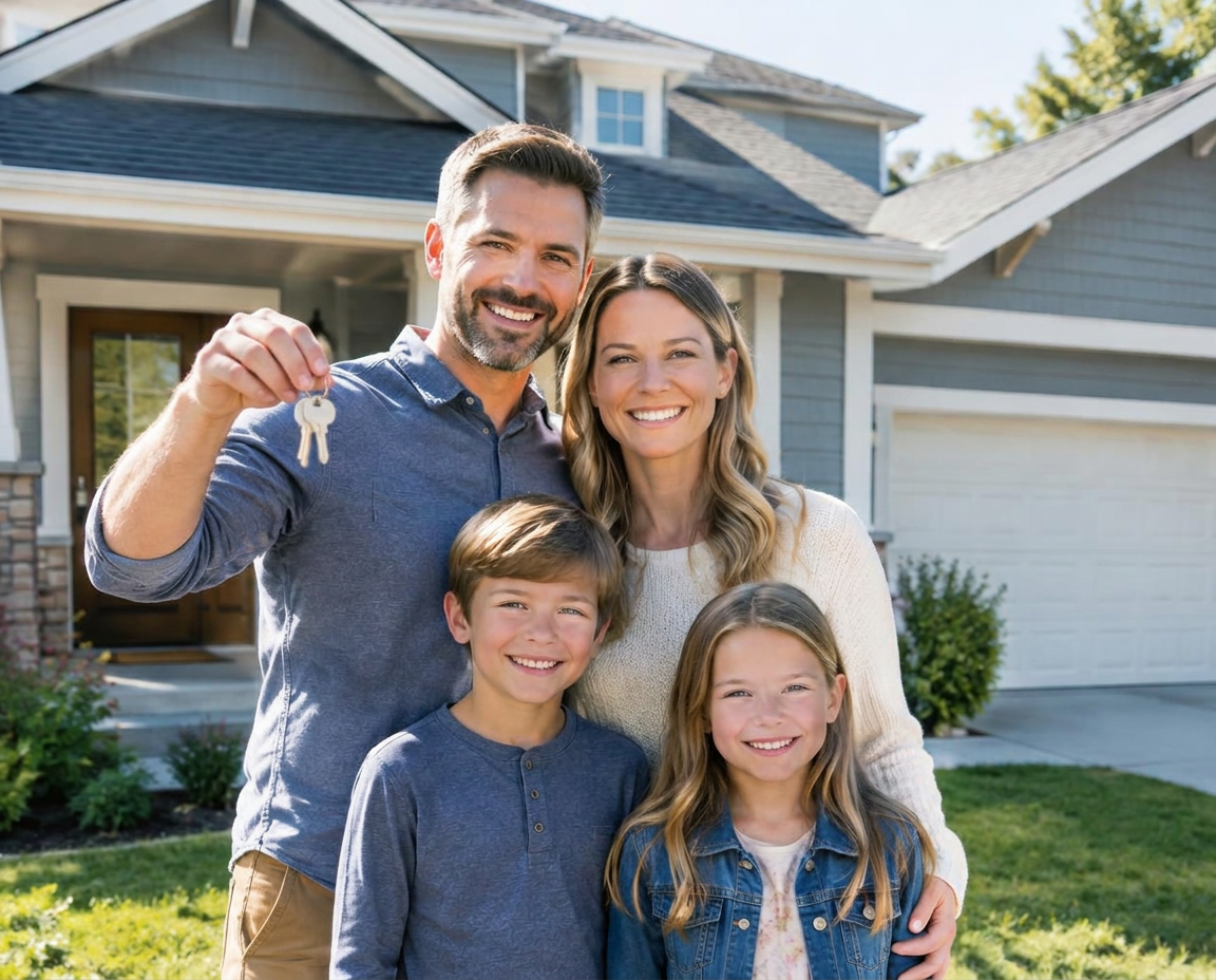 Family in front of their home holding new house keys